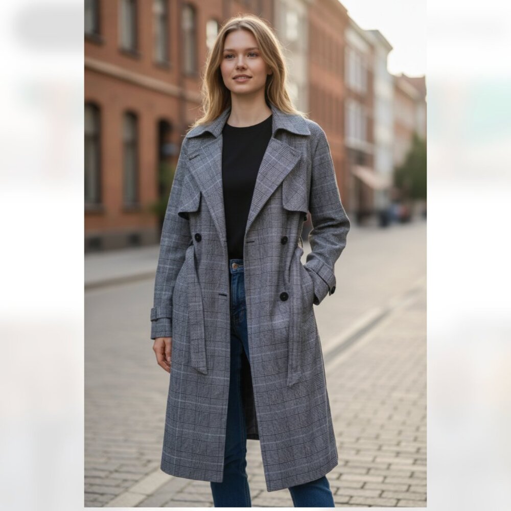 NWT Steve Madden BB Dakota Glen plaid trench coat Black Multi